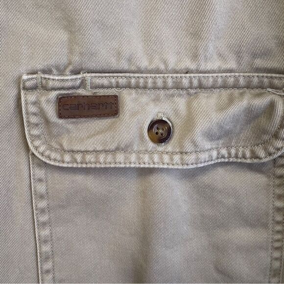 Vintage Men’s Canvas leather patch Carhartt Button up large  100% cotton - Picture 3 of 16